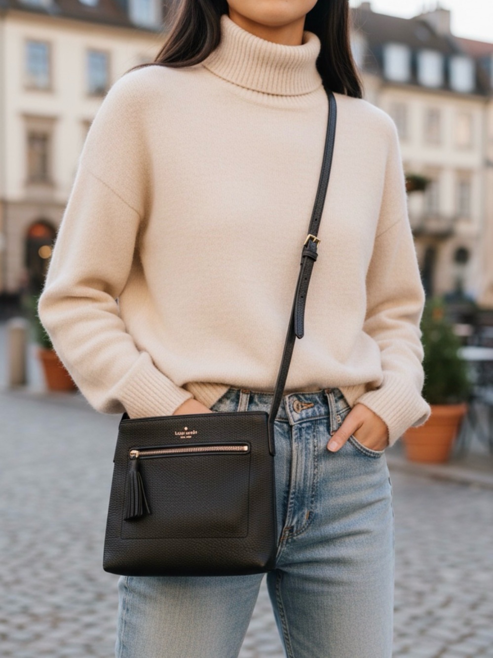 Kate Spade Pebbled Leather Tassel Zip Crossbody Black with Gold Hardware